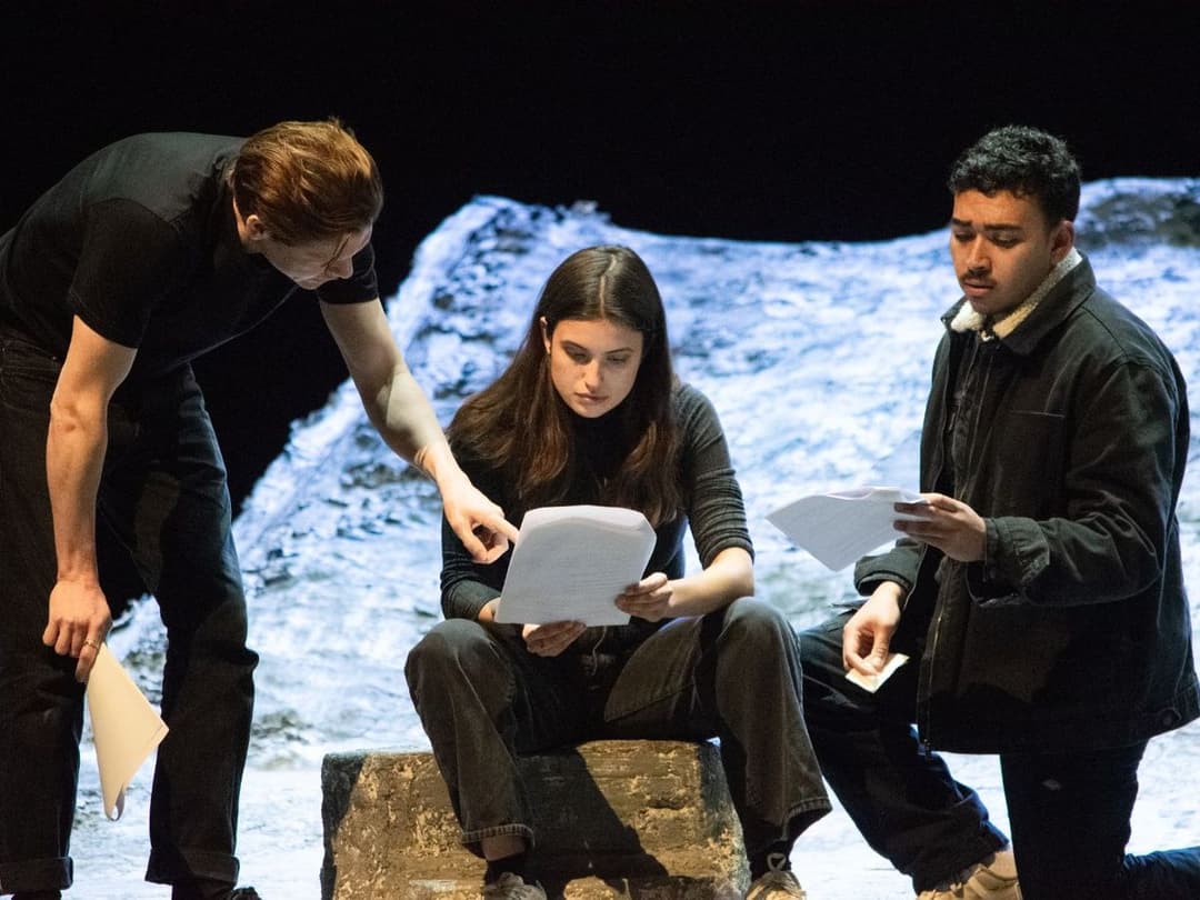 Billy Howle working with members Ellen and Adil on the set of Waiting For Godot at the Theatre Royal Haymarket.
