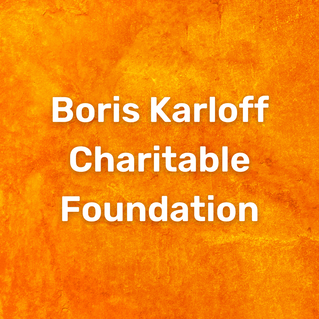 The logo for the "Boris Karloff Charitable Foundation" with text in a clean, bold font. The background is a textured and vibrant orange.