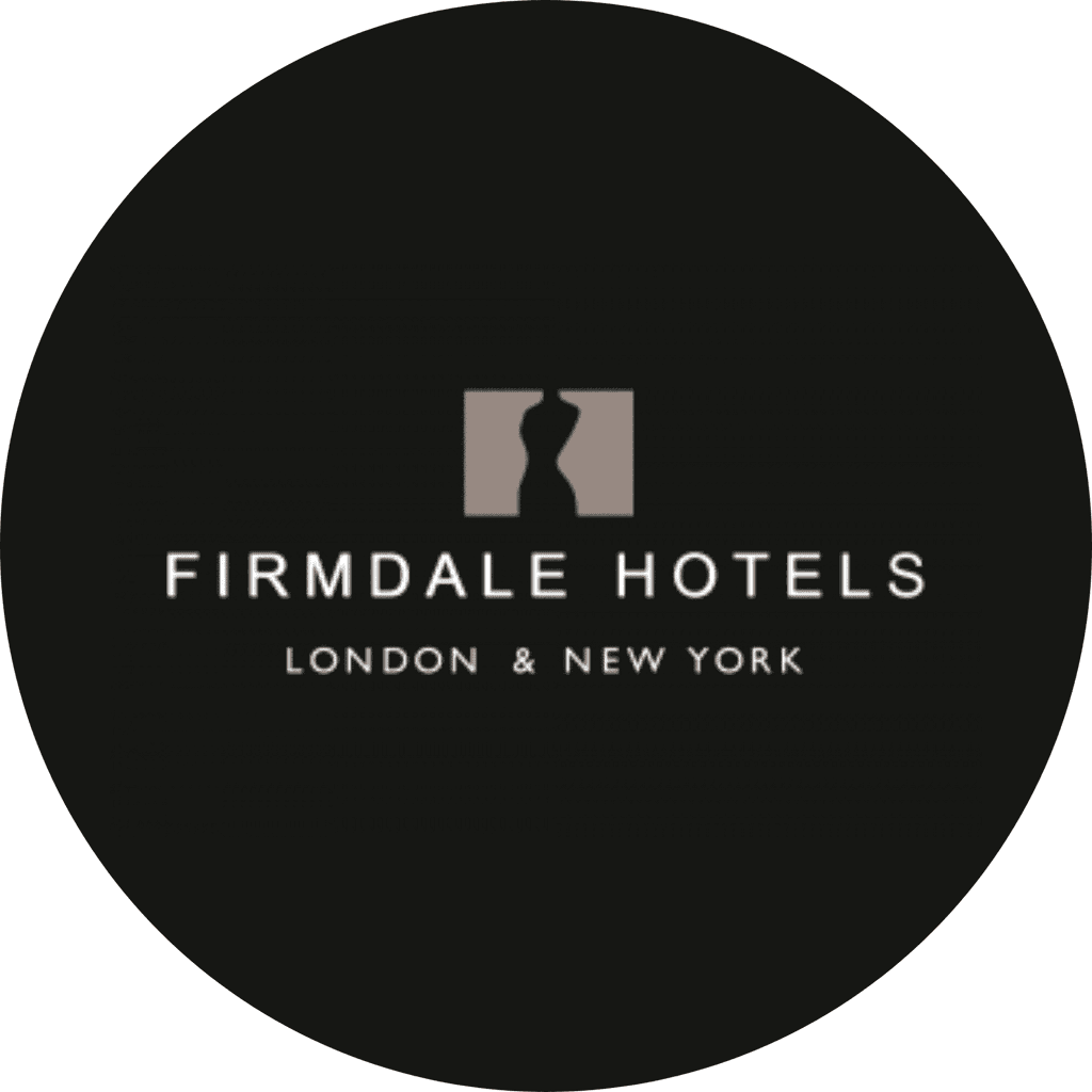 The logo for Firmdale Hotels, featuring a visual representation of their chic interiors and exteriors through black and beige colours. The name of the brand is central with London & New York written beneath.