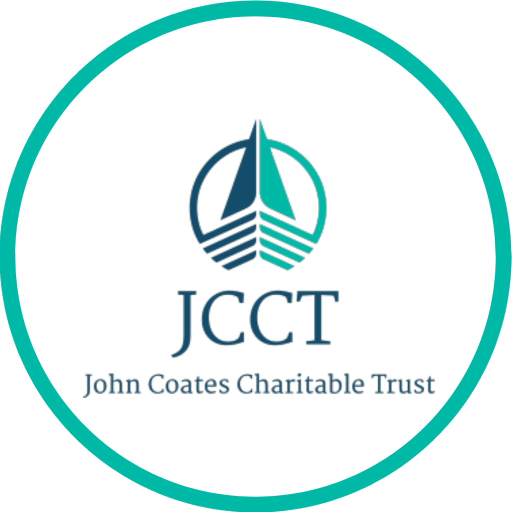 Logo of John Coates Charitable Trust with abstract design and text on white and teal background.