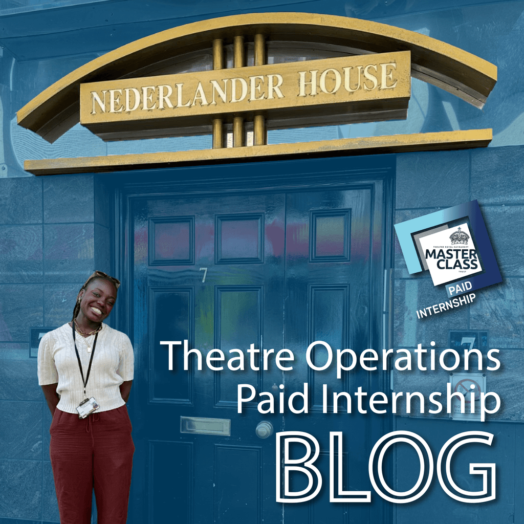 Nicole Kilama stands in front of Nederlader House, with text promoting a blog about their paid internship in theatre operations.