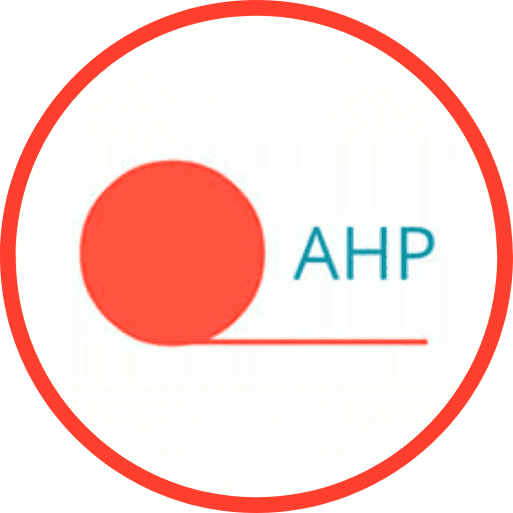Logo with the acronym "AHP" next to a red circle within a red-bordered circle.
