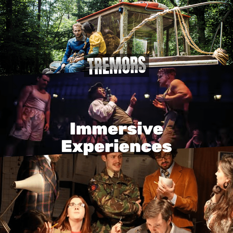 A selection of three photos, immersive experiences from different companies. Top photo is two people sitting on a boat in the middle of a woods. Middle photo is from a scene at Peaky Blinders with two people in a fight. Bottom photo is a group of people in a murder mystery with an army man, 3 suited men and 2 suited women. In a 60s style office.