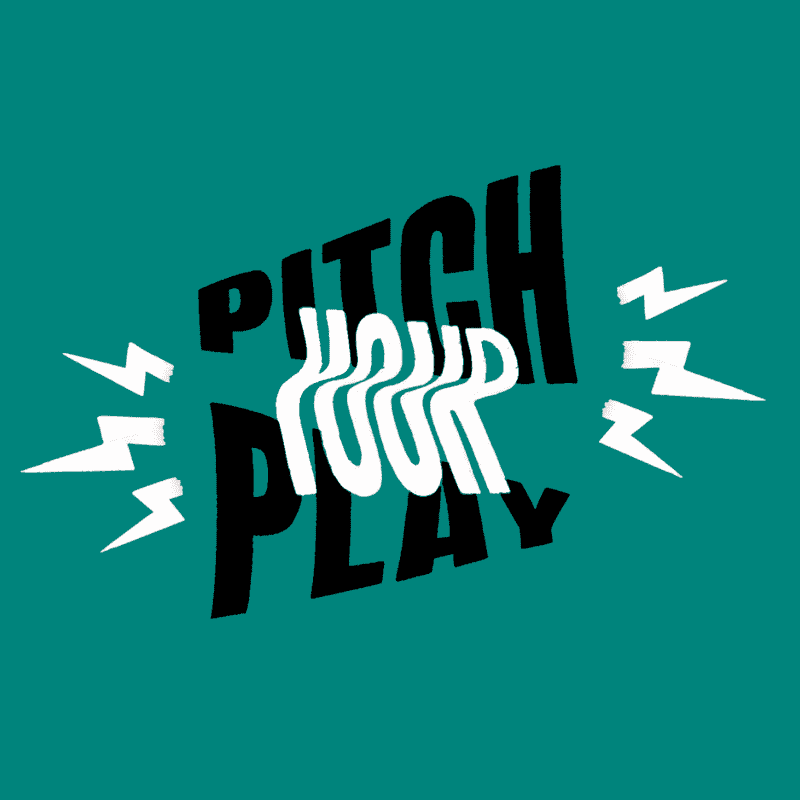 Image of Pitch Your Play logo, black and white logo against a teale background. Lightening bolts coming out of two mega phone shaped words Pitch and Play
