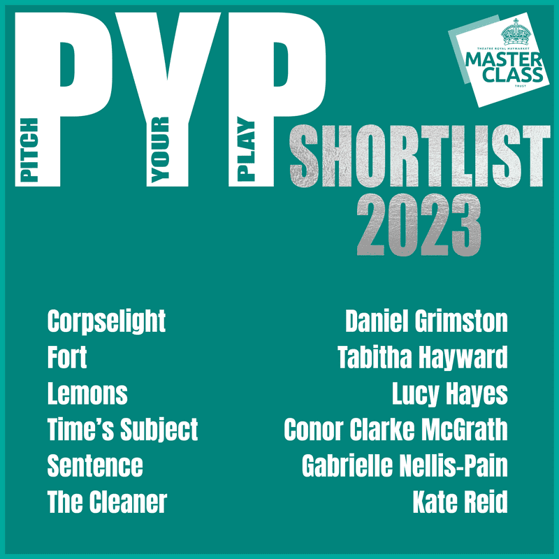 A Pitch Your Play title with silver line 'shortlist 2023' and the Masterclass logo on a green background with a list of the Pitch Your Play shortlist