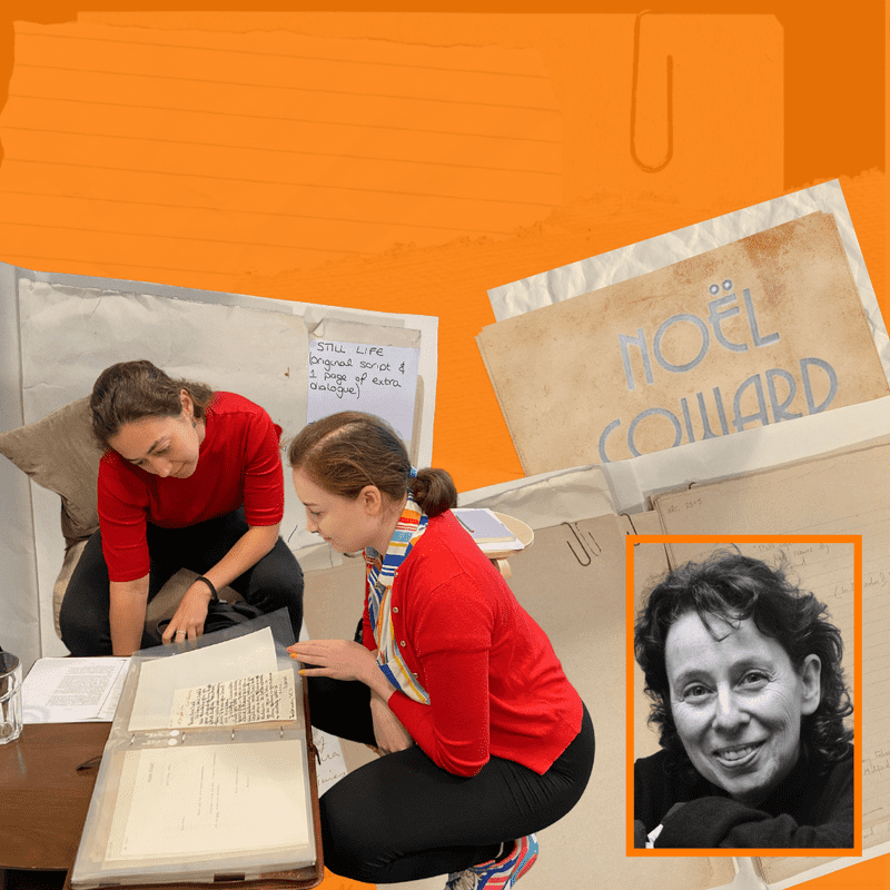 Two Masterclass members in red tops reading Noel Coward notebooks. Headshot of Marcy Kahan in black and white. Orange background.