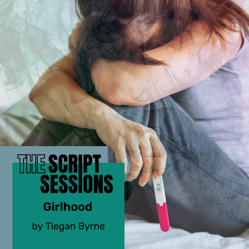The Script Sessions - Girlhood. A young girl holding her head in her arms, with a pregnancy test in her finger tips. Sitting on a bed curled up.
