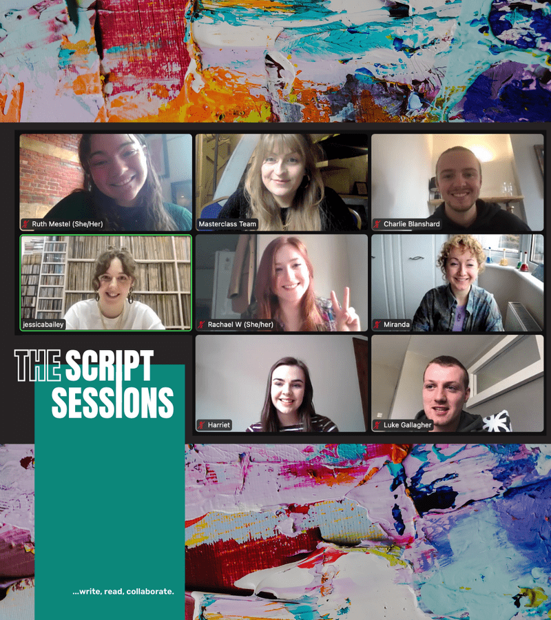 An image of masterclass members on zoom smiling to the camera with an arty painted background and the Script Sessions logo in the foreground