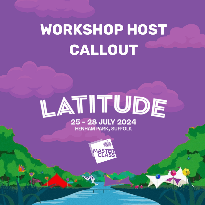 Purple clouds with trees and tents in the foreground. Latitude logo and Masterclass logo on top. 'Workshop Host Callout'