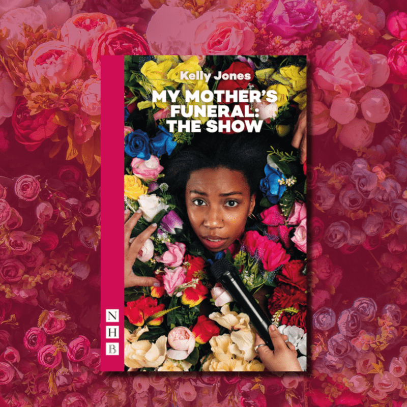 The Script of My Mother's Funeral: The Show, which is of a young black girl buried in fake flowers holding a microphone.