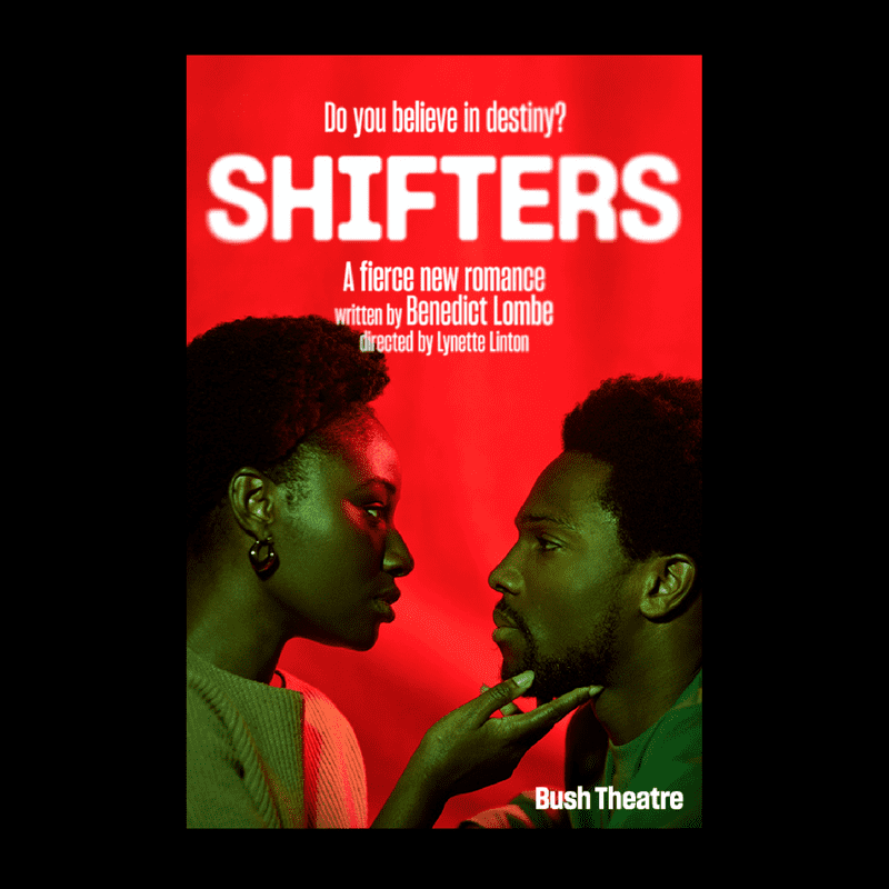 2 people looking at each other in lust, a woman holding a mans chin as they make eye contact. SHIFTERS in bold is a title in white, against a deep red background.