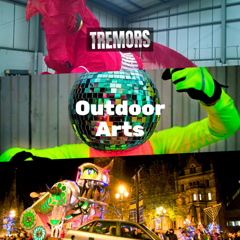 3 photos within an image, the top is a large pink horse made our of fabrics and paper, the 2nd is a person in fluorescent yellow with a disco ball head and the final is a lit up monster lifting up a car in front of a large building. Title words, Tremors - Outdoor Arts in white.